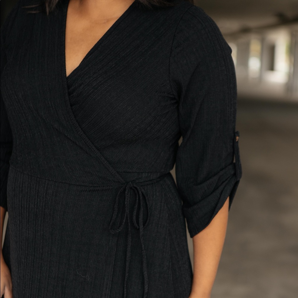 Black Ribbed Knit Midi Wrap Dress - Picture 12 of 16